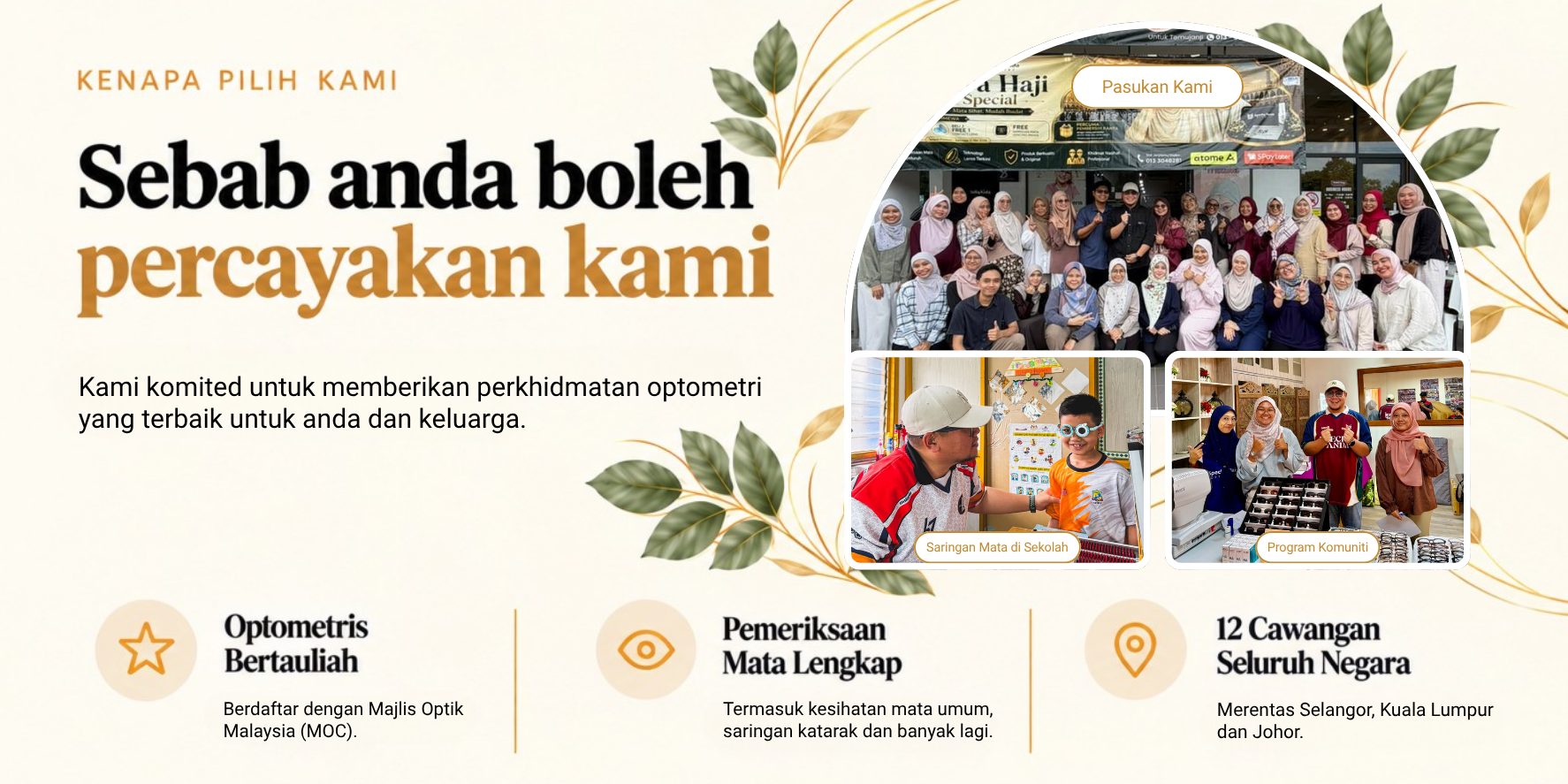 Specky Panda Optometry — sebab anda boleh percayakan kami: optometris bertauliah MOC, pemeriksaan mata lengkap, 12 cawangan.