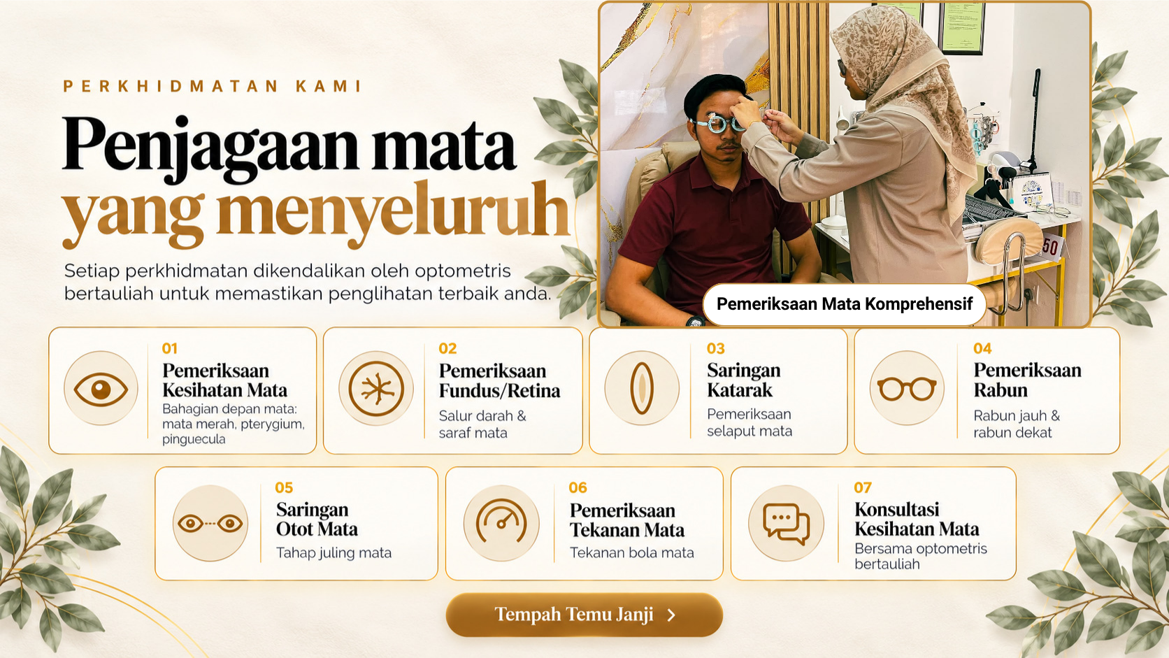 Perkhidmatan Specky Panda Optometry: Pemeriksaan Kesihatan Mata, Pemeriksaan Fundus/Retina, Saringan Katarak, Pemeriksaan Rabun, Saringan Otot Mata, Pemeriksaan Tekanan Mata, Konsultasi Kesihatan Mata
